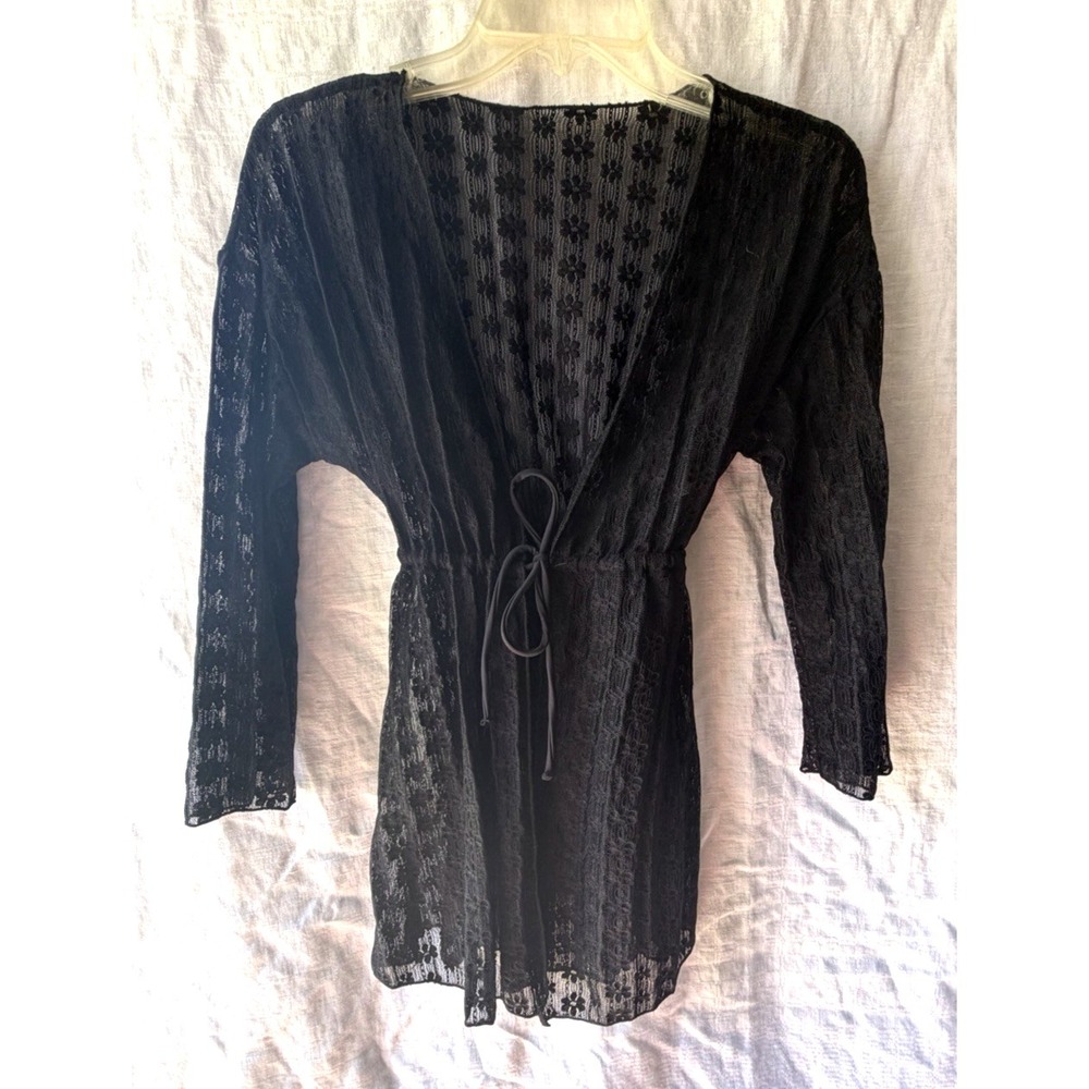 Black Sheer Floral Lace Cover Up Blouse Womens Drawstring Waist Boho Top
